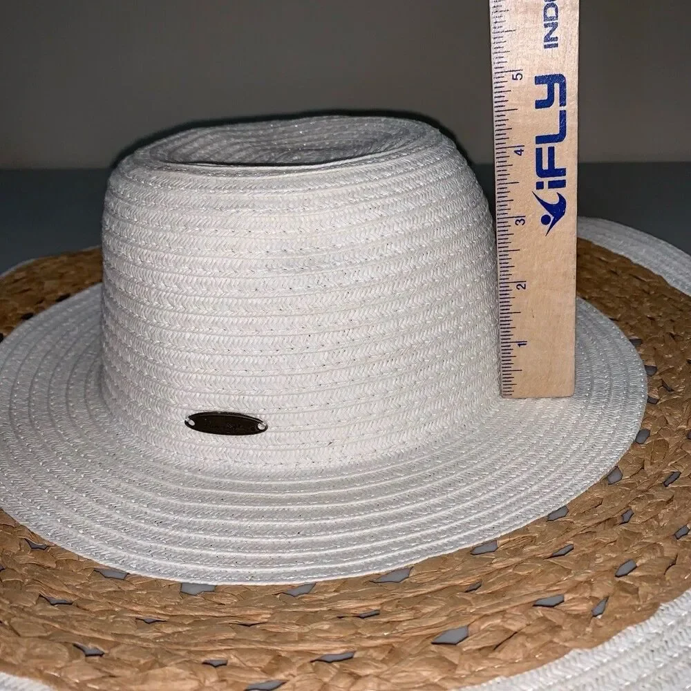 Panama Jack White Straw Hat Women's One SIze Brown Band Brim Woven Summer Beach